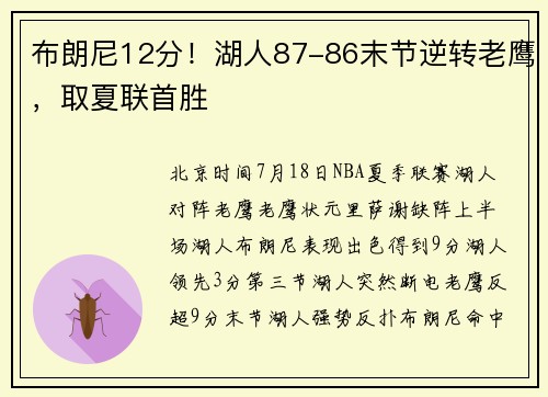 布朗尼12分！湖人87-86末节逆转老鹰，取夏联首胜