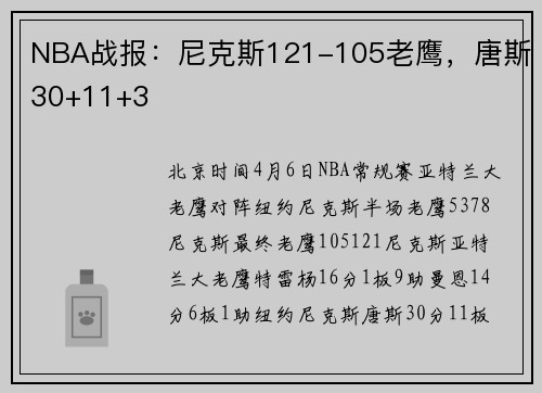 NBA战报：尼克斯121-105老鹰，唐斯30+11+3